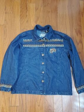NorthCrest Fall Theme Snap Front Embroidered Jean Jacket, Sz Large Blue Denim